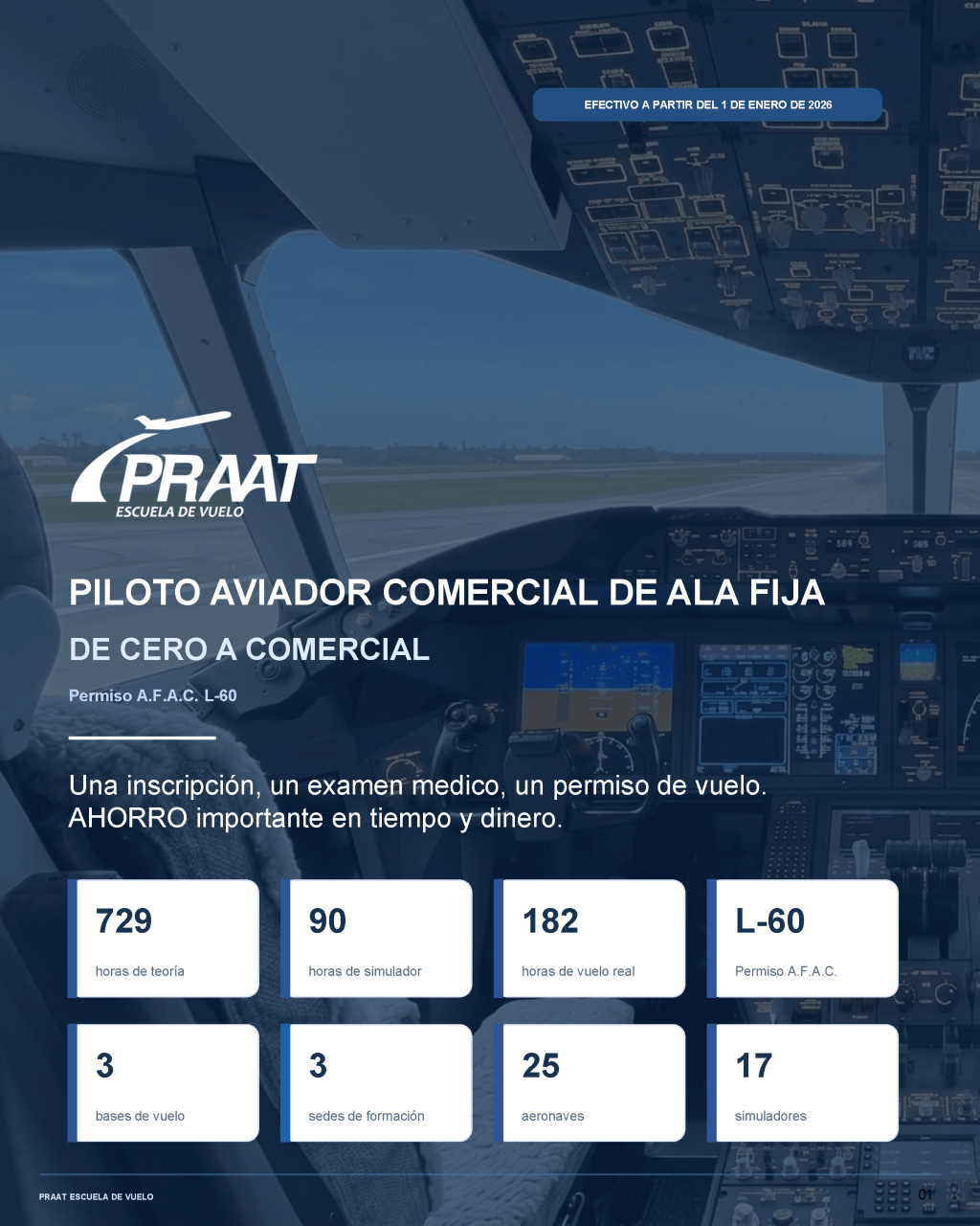 Portada del folleto oficial de PRAAT: Piloto Aviador Comercial de Ala Fija, De Cero a Comercial, permiso A.F.A.C. L-60. Una inscripción, un examen médico y un permiso de vuelo, con 729 horas de teoría, 90 horas de simulador y 182 horas de vuelo real.