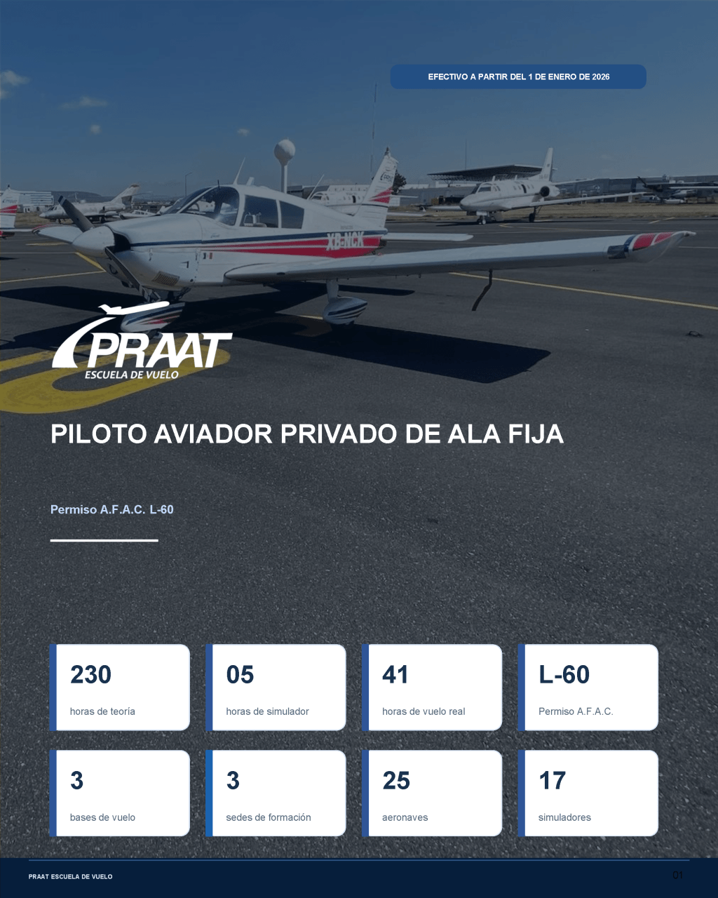 Portada del folleto oficial de PRAAT: Piloto Aviador Privado de Ala Fija, permiso A.F.A.C. L-60, con 230 horas de teoría, 5 horas de simulador y 41 horas de vuelo real.